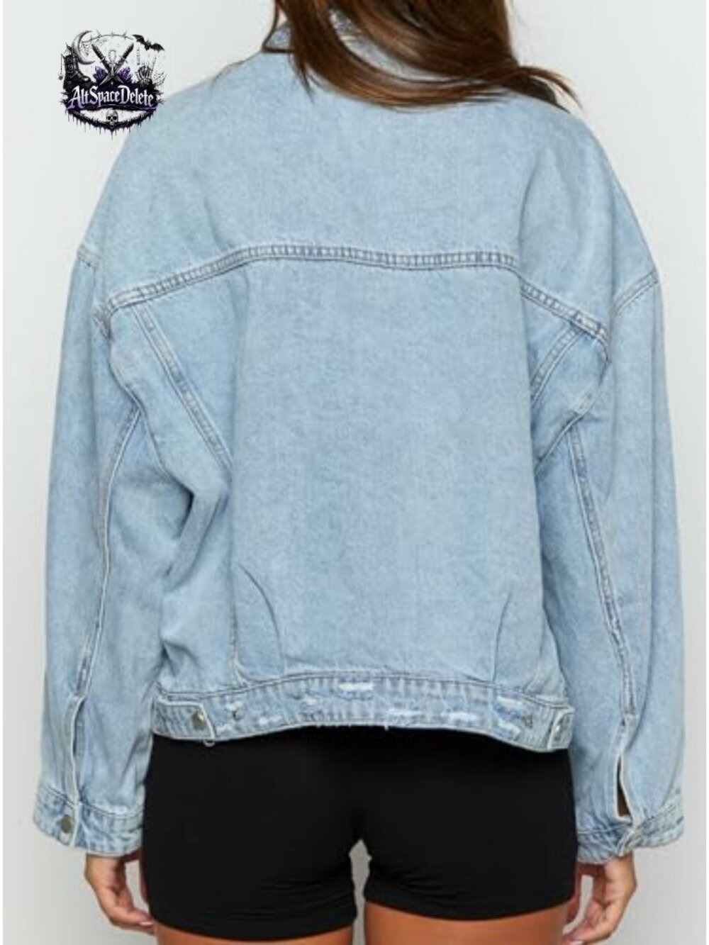 Oversized Distressed Denim Jacket with Four Pockets and Button Closure - Picture 3 of 5